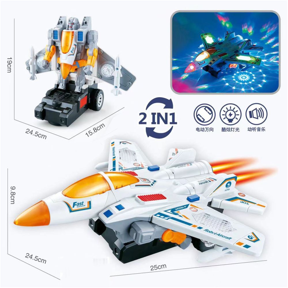 Electric omnidirectional fighter jet automatic cyclic transformation robot with colored lights dual change modeling toy wholesale