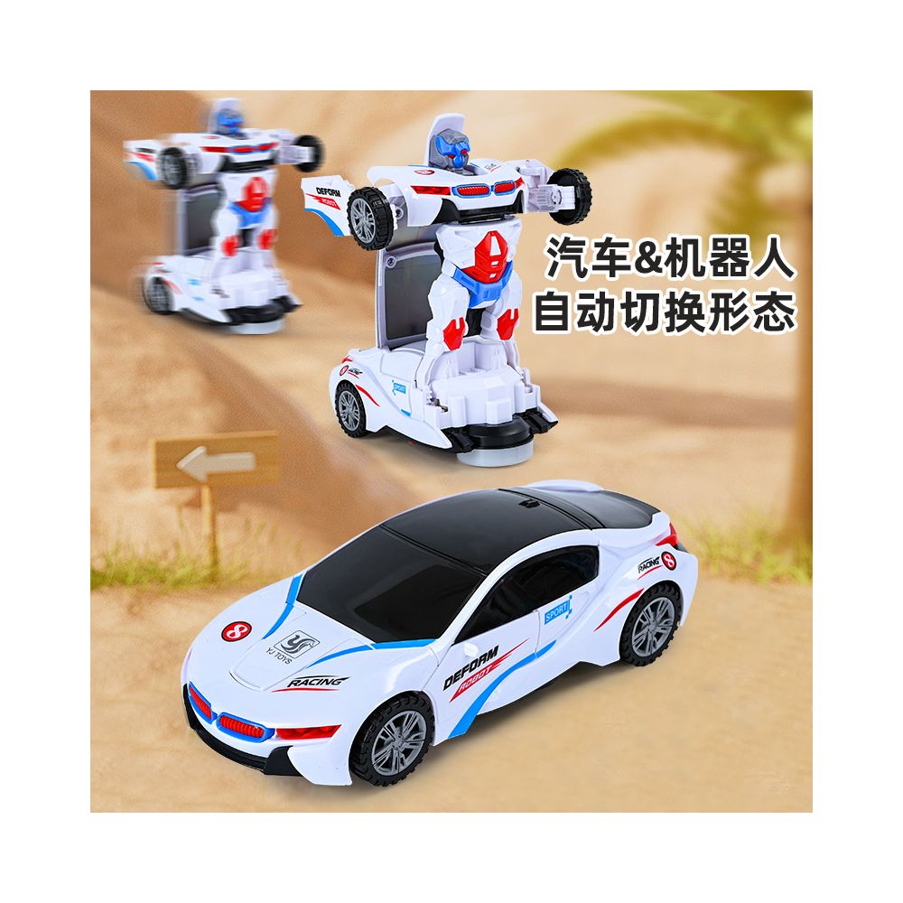 White racing car transforming robot with lights and music omnidirectional automatic shape changing toy for boys image 1