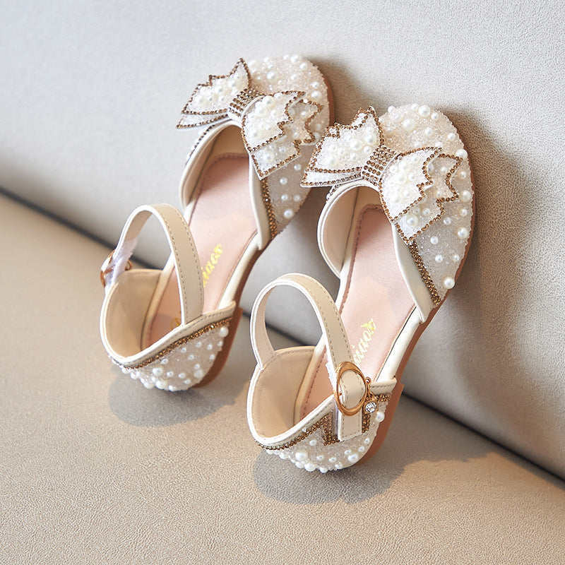 Summer Girls Pearl Bow Princess Shallow Mouth Pumps