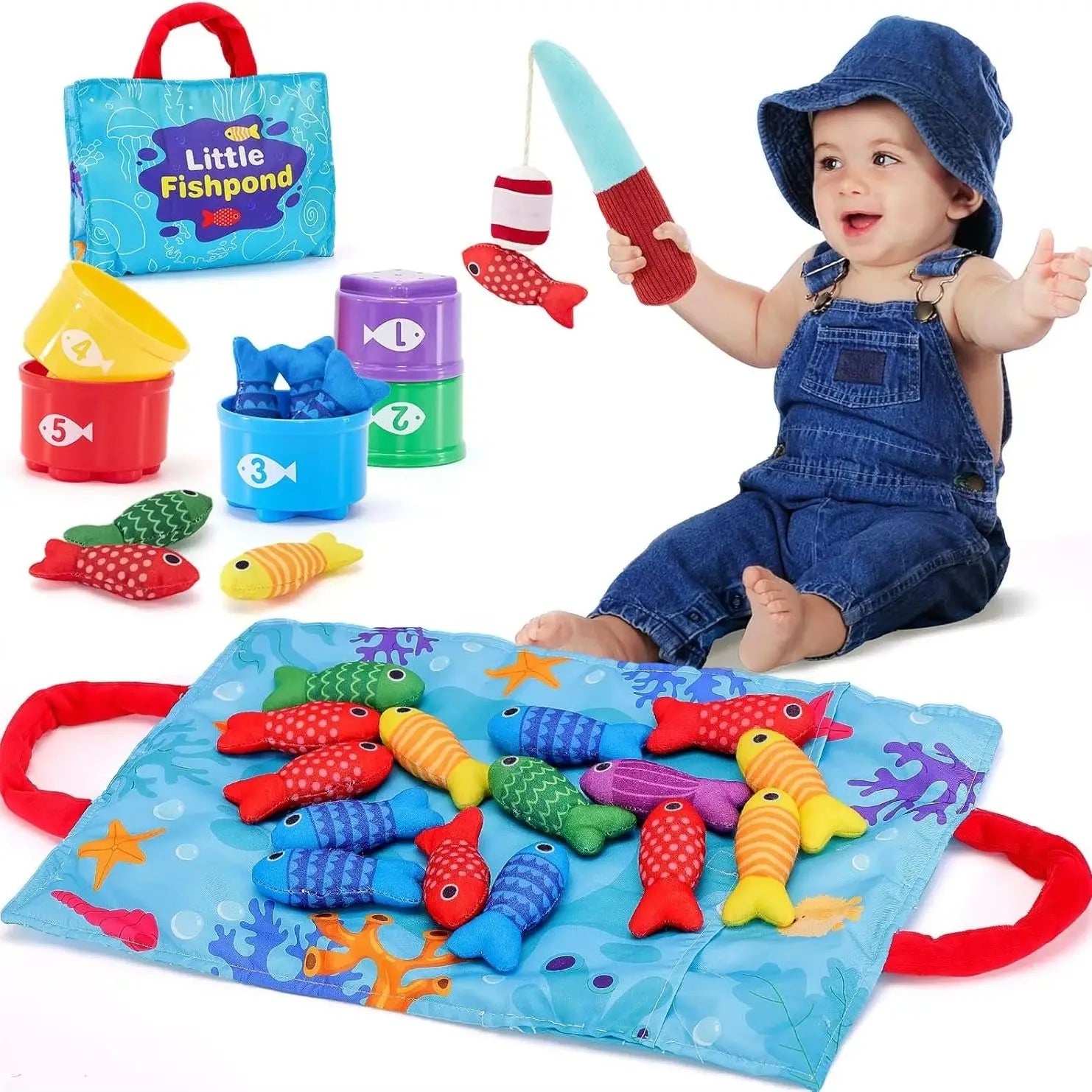 Montessori Toy for Todders Cloth Fishing Game with Stacking Cups Color Sorting Early Education Toy Number Counting Math Toy Gift