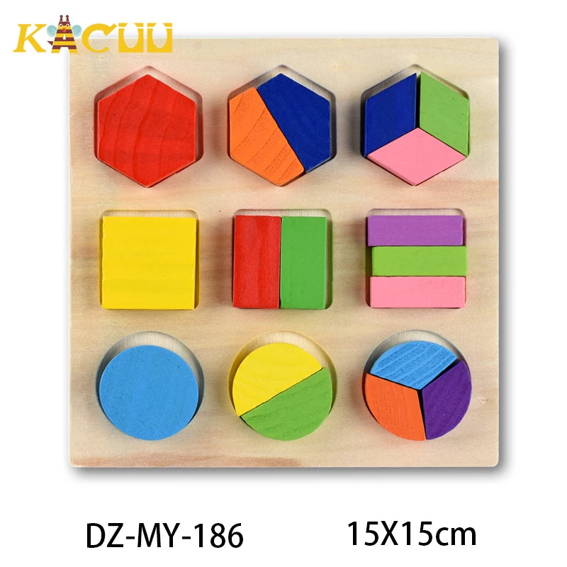 Montessori Wooden Puzzles Hand Grab Boards Toys Tangram Jigsaw Baby Educational Toys Cartoon Vehicle Animals Fruits 3D Puzzles