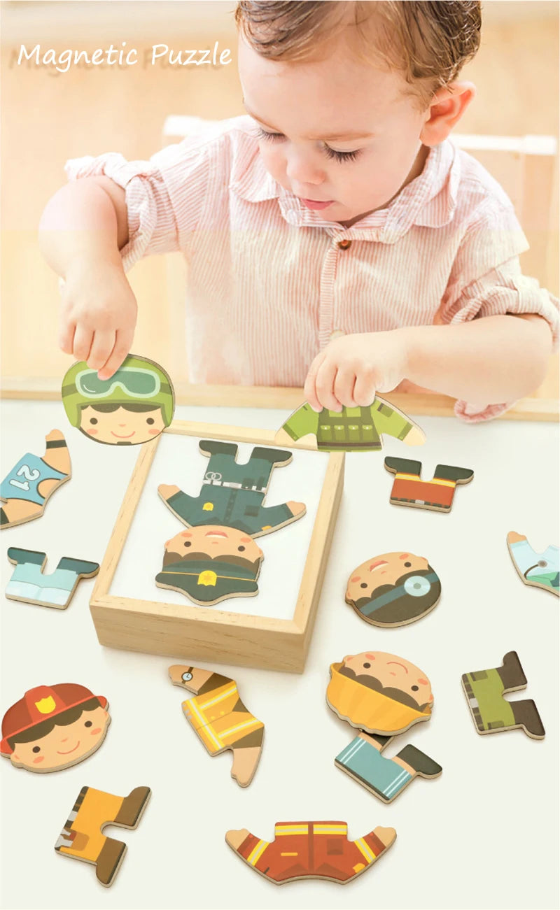 3D Magnetic Animal Puzzles Kids Wooden Toys Bear Dressing Up Jigsaw Games Montessori Educational Imagination Toy Gifts For Kids