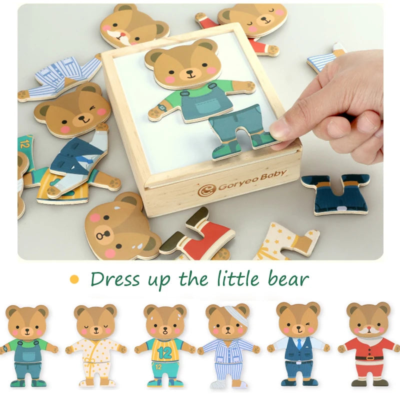 3D Magnetic Animal Puzzles Kids Wooden Toys Bear Dressing Up Jigsaw Games Montessori Educational Imagination Toy Gifts For Kids