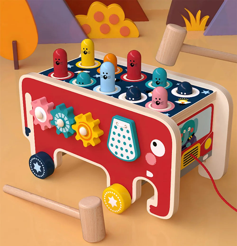 BabyToys bebe Toddler Kids Wooden Fun Game Montessori Activity Toys For Children Elephant Beating Whack-A-Mole Hammer Pounding