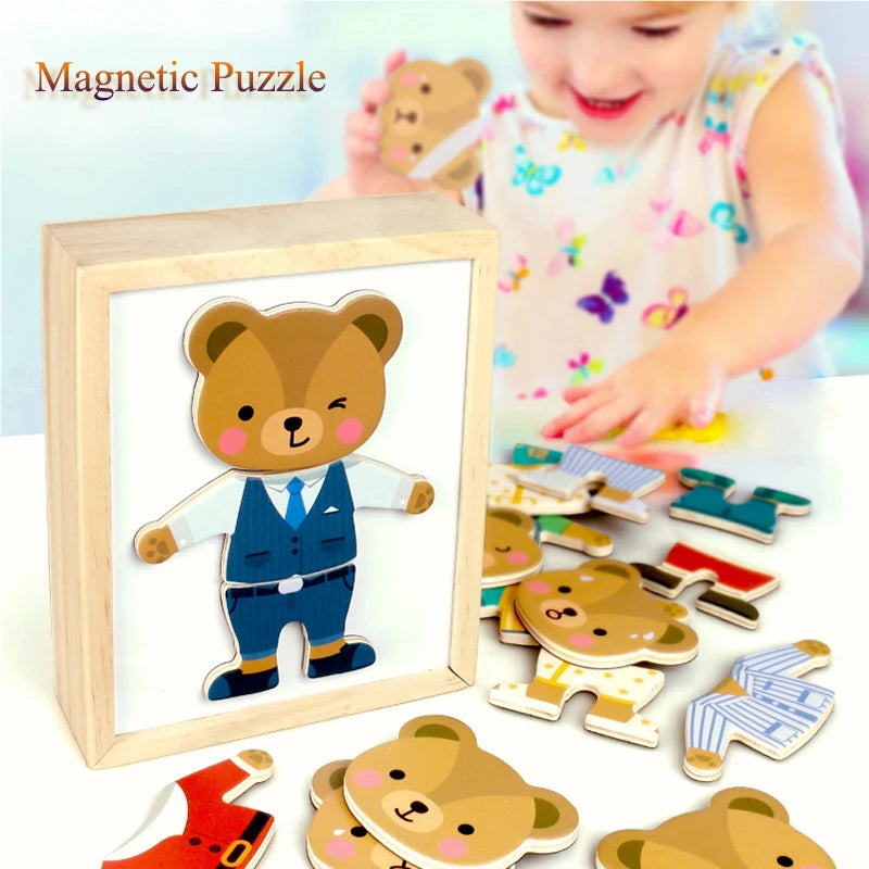 3D Magnetic Animal Puzzles Kids Wooden Toys Bear Dressing Up Jigsaw Games Montessori Educational Imagination Toy Gifts For Kids