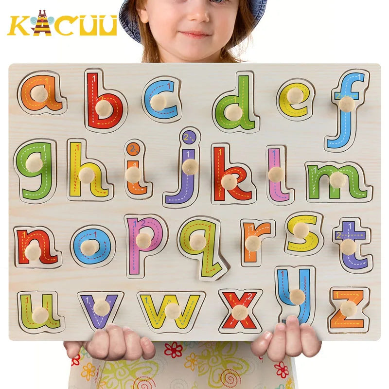 Montessori Wooden Puzzles Hand Grab Boards Toys Tangram Jigsaw Baby Educational Toys Cartoon Vehicle Animals Fruits 3D Puzzles