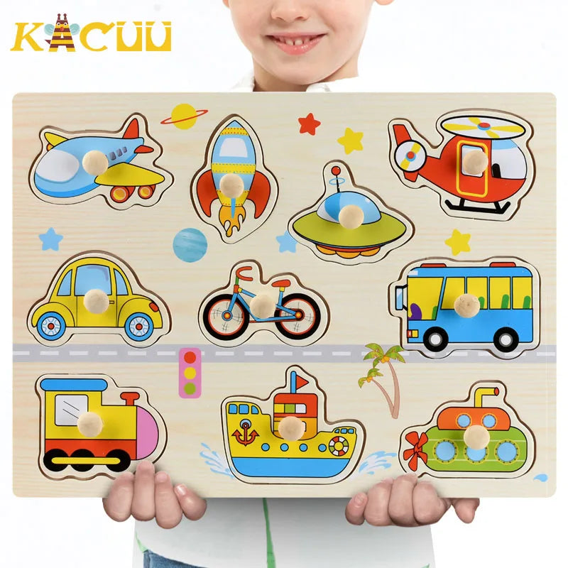 Montessori Wooden Puzzles Hand Grab Boards Toys Tangram Jigsaw Baby Educational Toys Cartoon Vehicle Animals Fruits 3D Puzzles