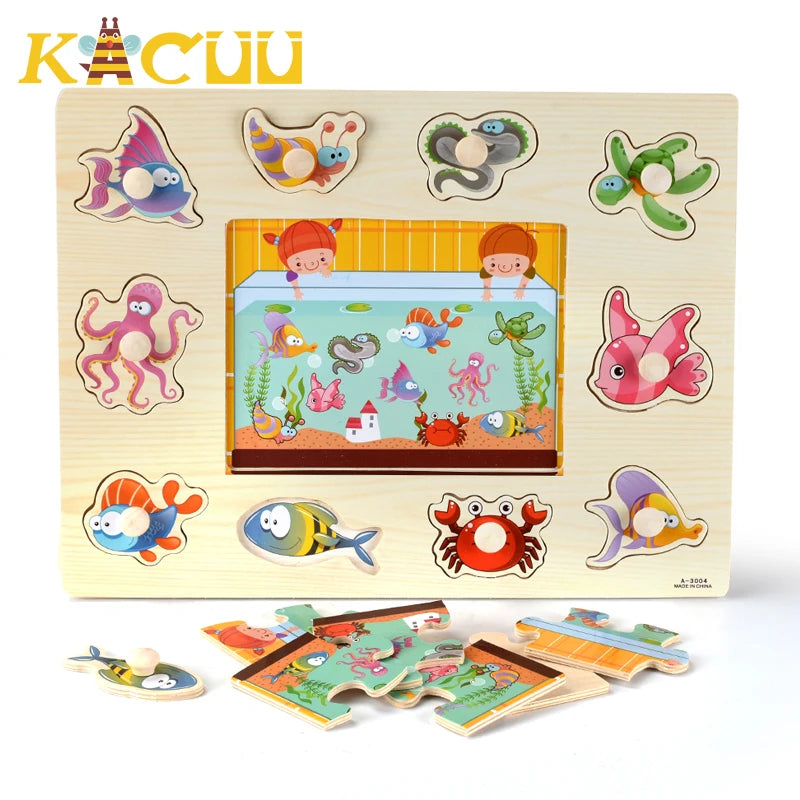 Montessori Wooden Puzzles Hand Grab Boards Toys Tangram Jigsaw Baby Educational Toys Cartoon Vehicle Animals Fruits 3D Puzzles
