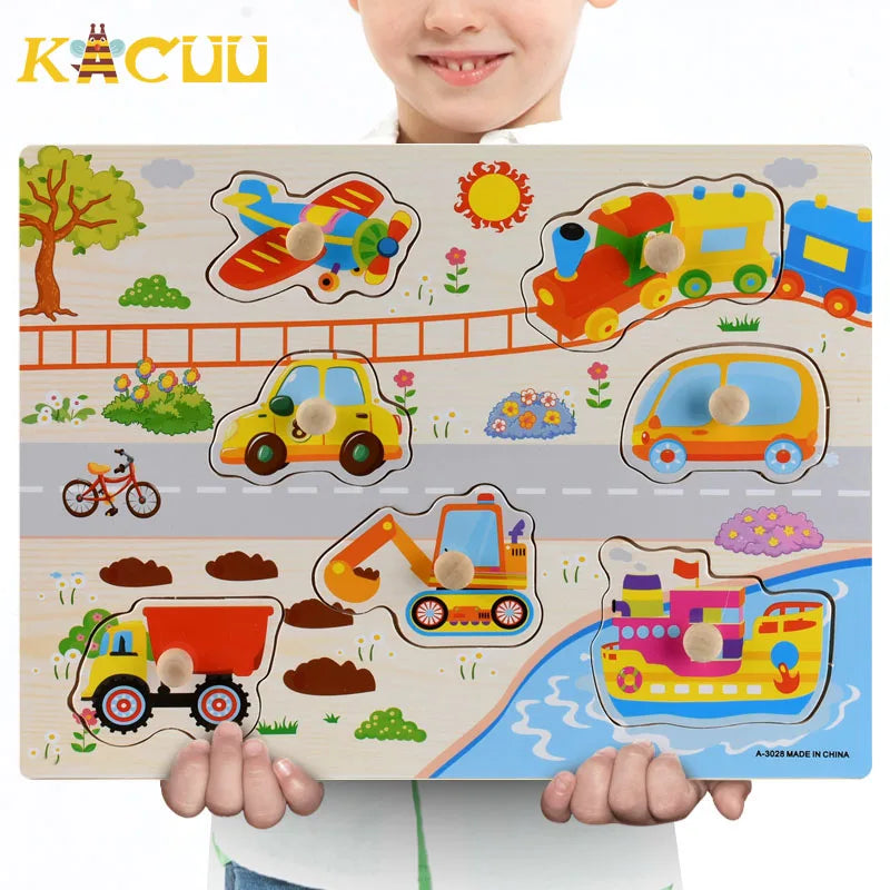 Montessori Wooden Puzzles Hand Grab Boards Toys Tangram Jigsaw Baby Educational Toys Cartoon Vehicle Animals Fruits 3D Puzzles