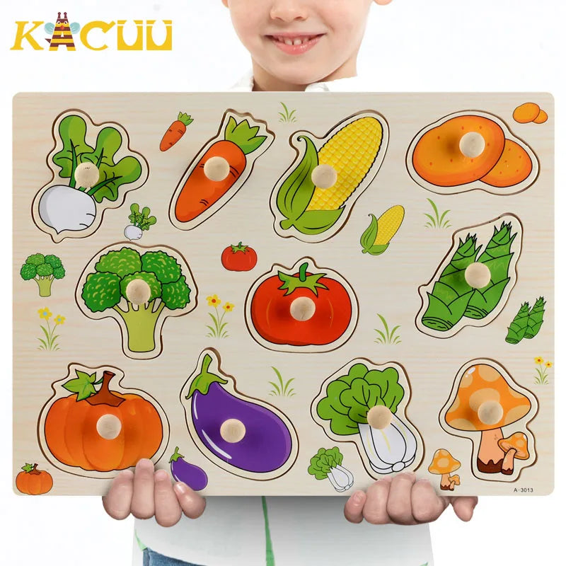 Montessori Wooden Puzzles Hand Grab Boards Toys Tangram Jigsaw Baby Educational Toys Cartoon Vehicle Animals Fruits 3D Puzzles