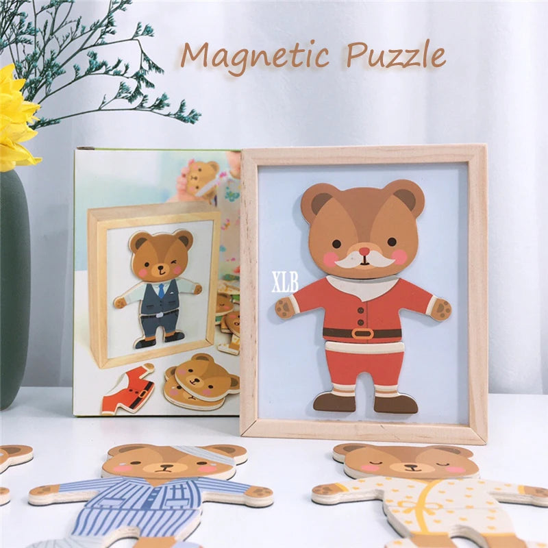 3D Magnetic Animal Puzzles Kids Wooden Toys Bear Dressing Up Jigsaw Games Montessori Educational Imagination Toy Gifts For Kids