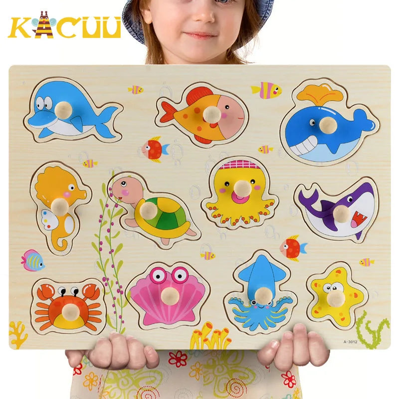 Montessori Wooden Puzzles Hand Grab Boards Toys Tangram Jigsaw Baby Educational Toys Cartoon Vehicle Animals Fruits 3D Puzzles