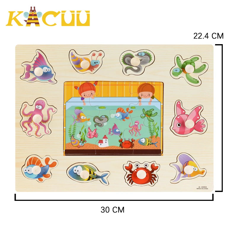 Montessori Wooden Puzzles Hand Grab Boards Toys Tangram Jigsaw Baby Educational Toys Cartoon Vehicle Animals Fruits 3D Puzzles