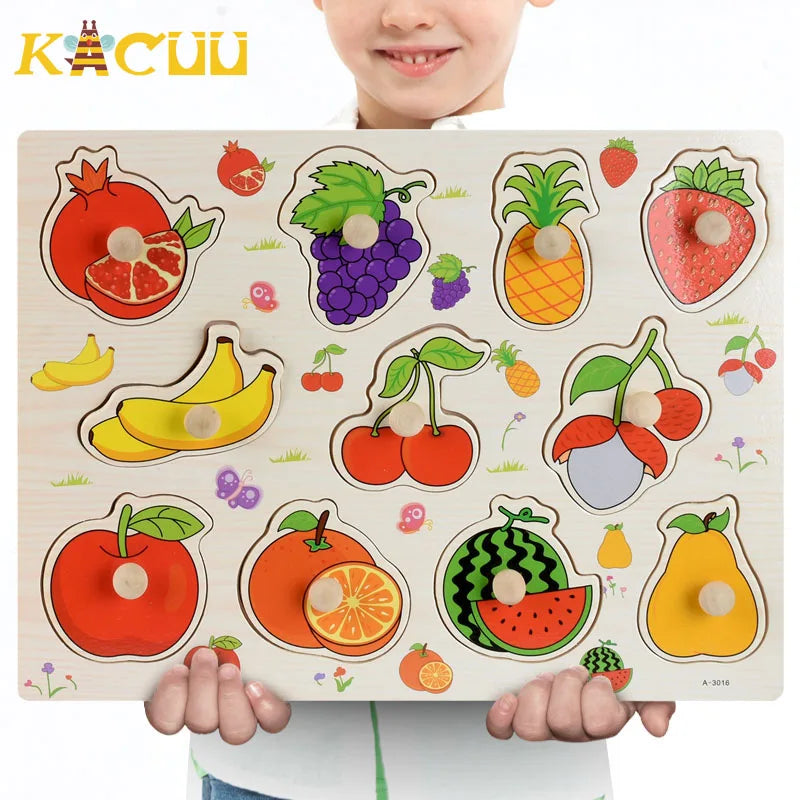 Montessori Wooden Puzzles Hand Grab Boards Toys Tangram Jigsaw Baby Educational Toys Cartoon Vehicle Animals Fruits 3D Puzzles