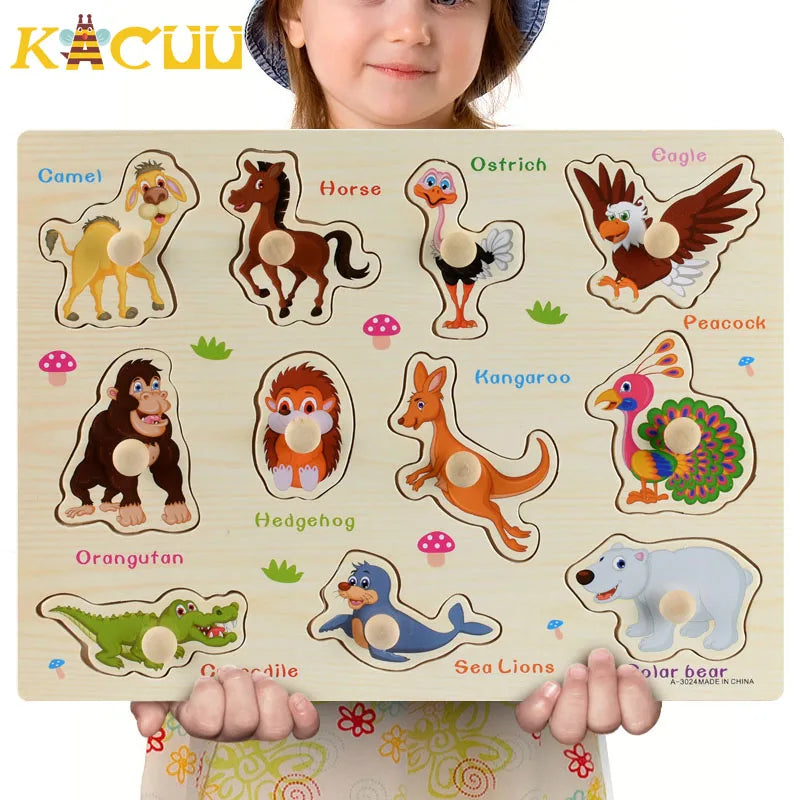 Montessori Wooden Puzzles Hand Grab Boards Toys Tangram Jigsaw Baby Educational Toys Cartoon Vehicle Animals Fruits 3D Puzzles