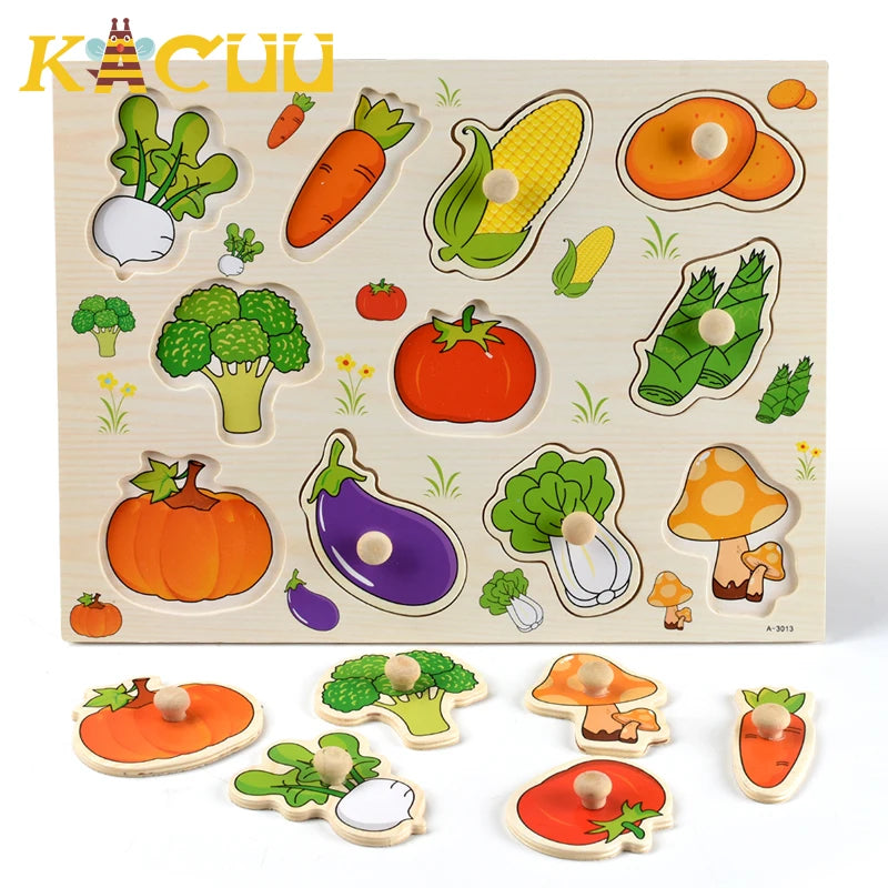 Montessori Wooden Puzzles Hand Grab Boards Toys Tangram Jigsaw Baby Educational Toys Cartoon Vehicle Animals Fruits 3D Puzzles