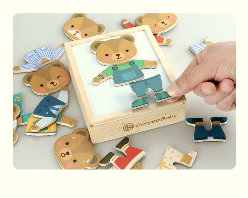 3D Magnetic Animal Puzzles Kids Wooden Toys Bear Dressing Up Jigsaw Games Montessori Educational Imagination Toy Gifts For Kids