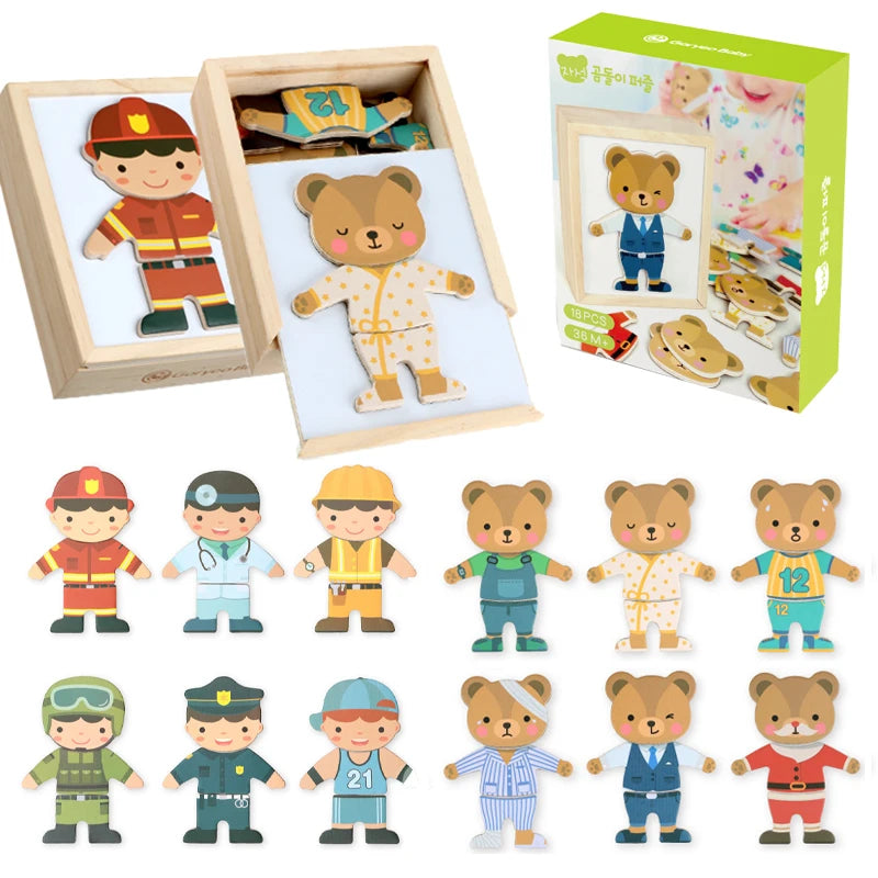 3D Magnetic Animal Puzzles Kids Wooden Toys Bear Dressing Up Jigsaw Games Montessori Educational Imagination Toy Gifts For Kids