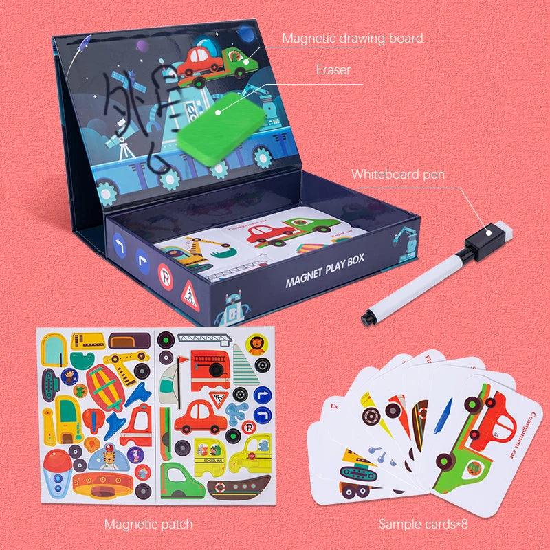 Wooden Educational Toy Magnetic Jigsaw Puzzles Games Toddler Craft Toys Travel Puzzle Box Double Sided Drawing Easel for Kids