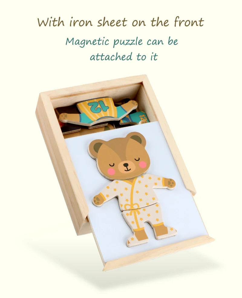 3D Magnetic Animal Puzzles Kids Wooden Toys Bear Dressing Up Jigsaw Games Montessori Educational Imagination Toy Gifts For Kids