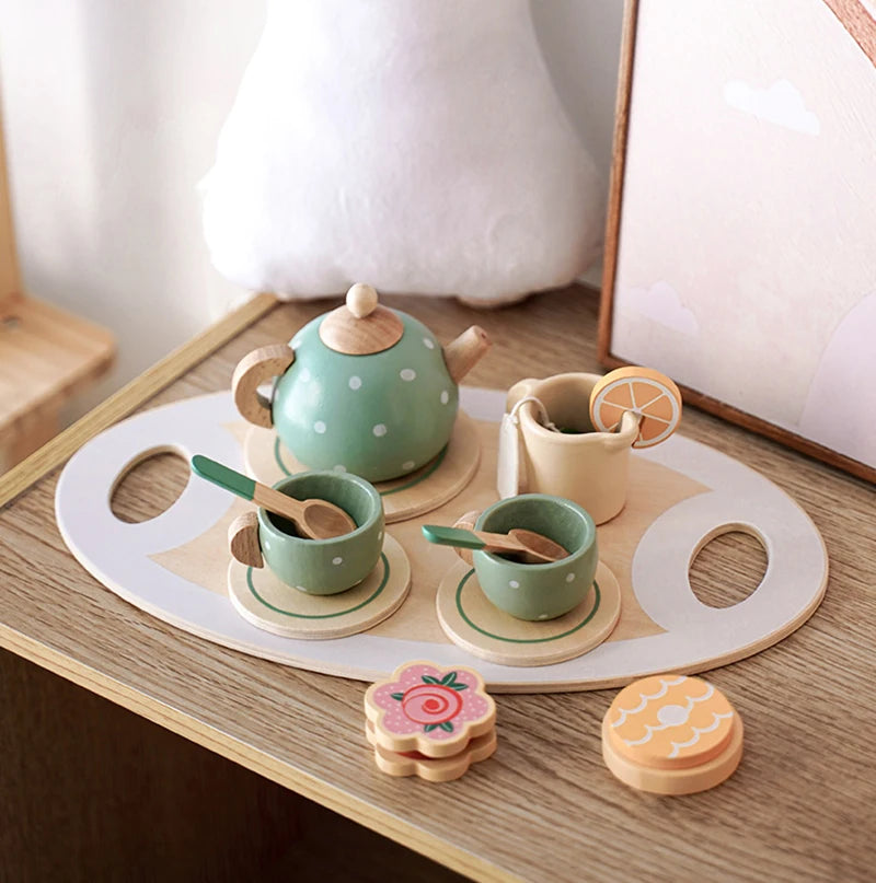 Wooden Afternoon Tea Set Toy Kitchen Accessories Tea Party Food Play Early Educational Toys for Toddlers Girls Boys Kids Gifts