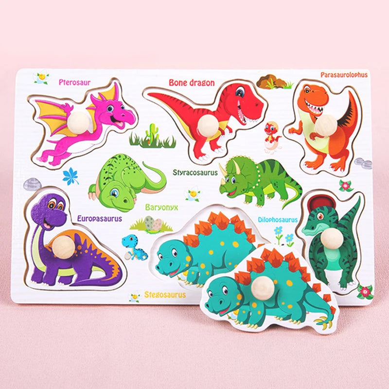 ﻿Montessori Wooden Hand Grab Boards Baby Educational Cartoon Vehicle Animals Fruits 3D Puzzles Kids Early Education Toys TMZ﻿