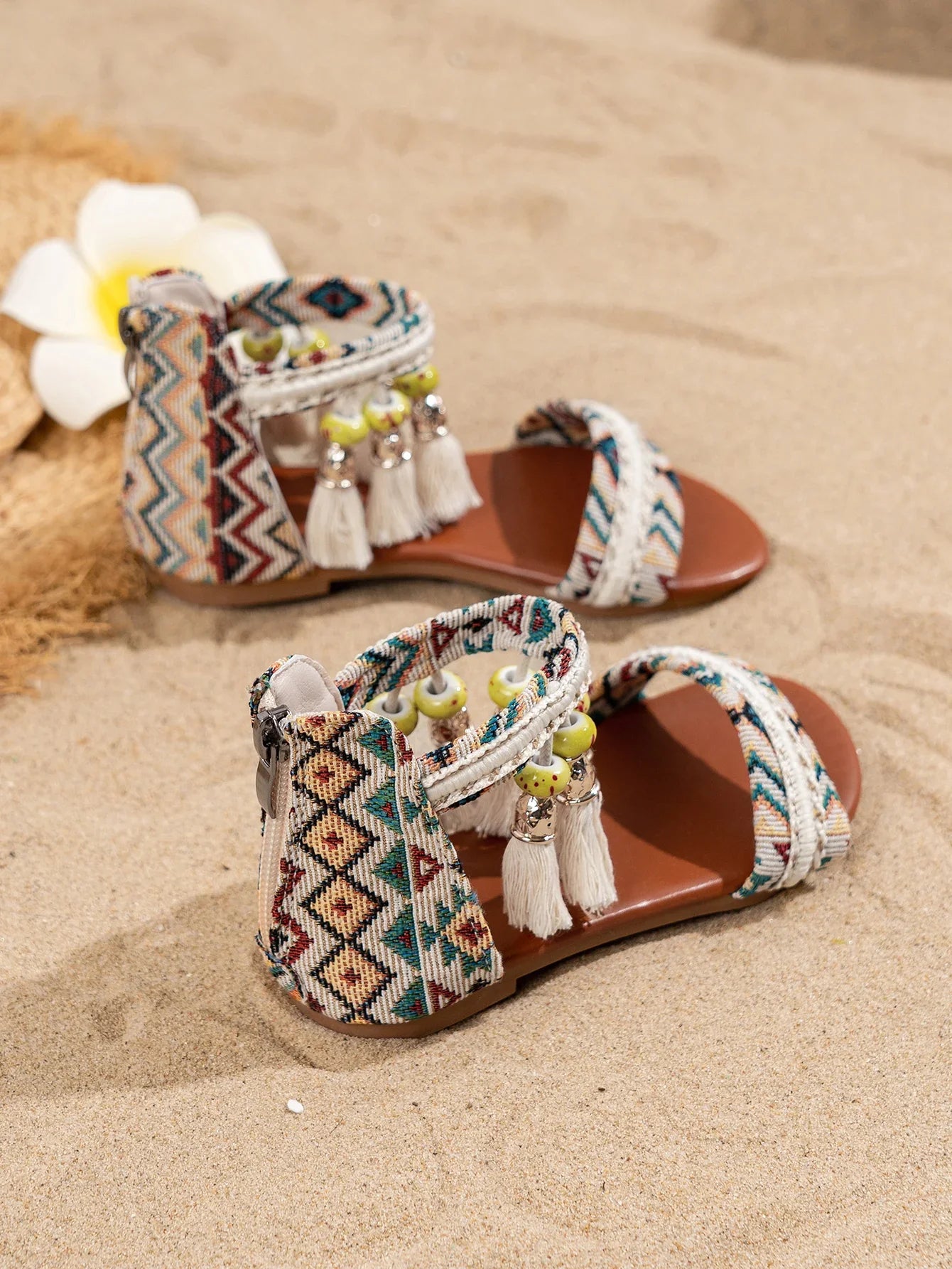 Toddler Beach Sandals - Bohemian Tassel Beaded Girls Summer Shoes Soft Sole for Vacation & Play