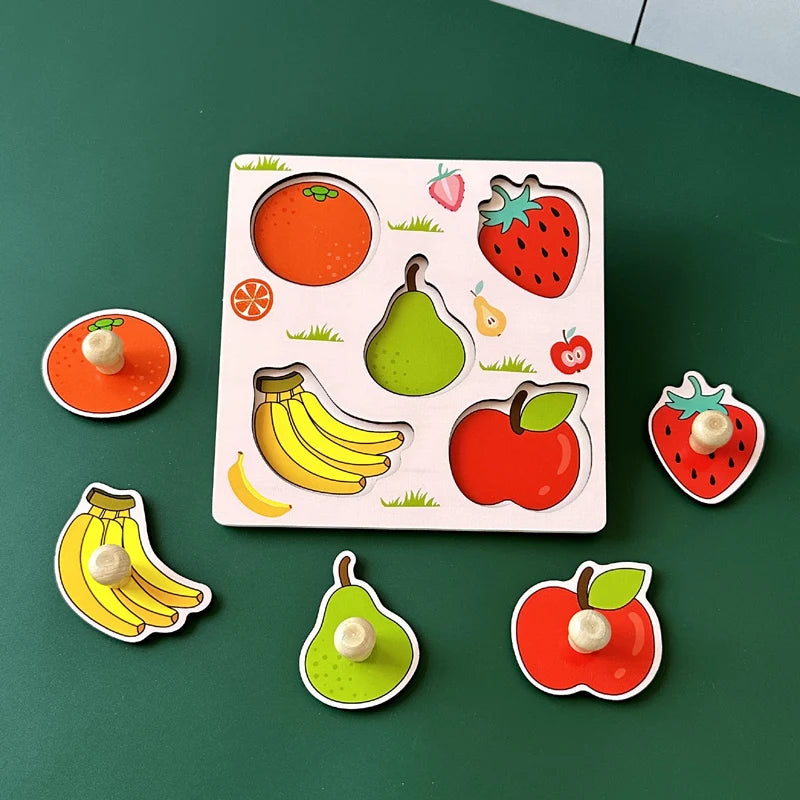 Baby Toys Montessori Wooden Puzzles Hand Grab Boards Toys Kids Early Learning Educational Cartoon Animal Fruit Vehicle Cognitive