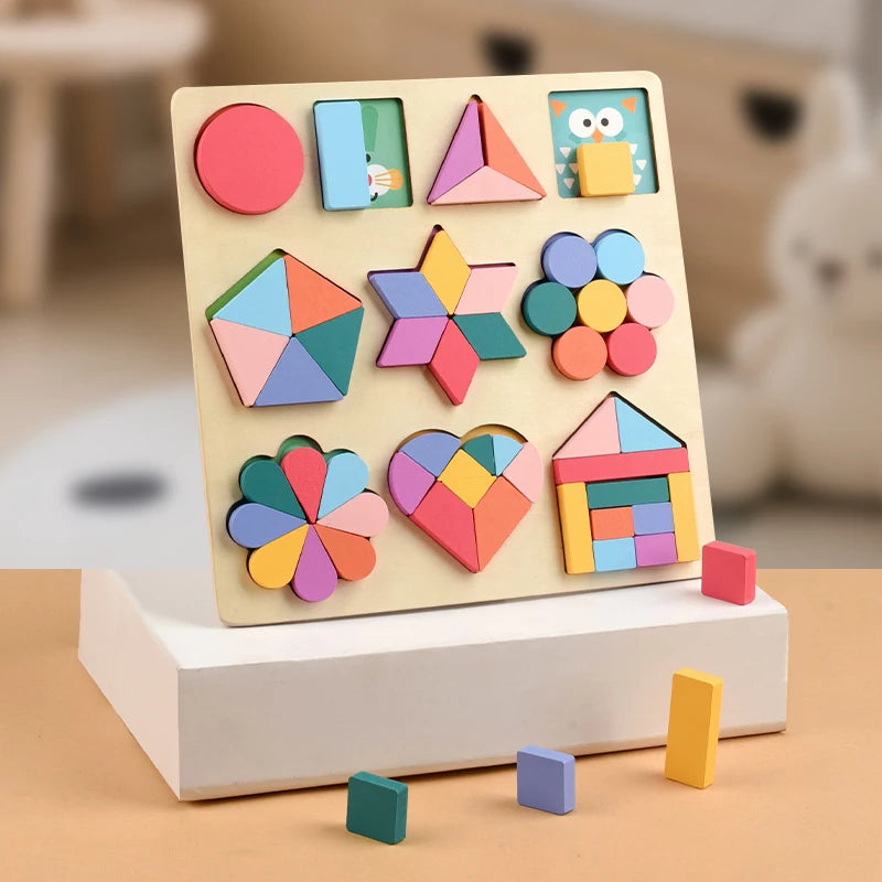 Baby Monterssori Toy Wooden Jigsaw Puzzle Geometric creative jigsaw 3D Puzzle Preschool toys for children's Early Educational