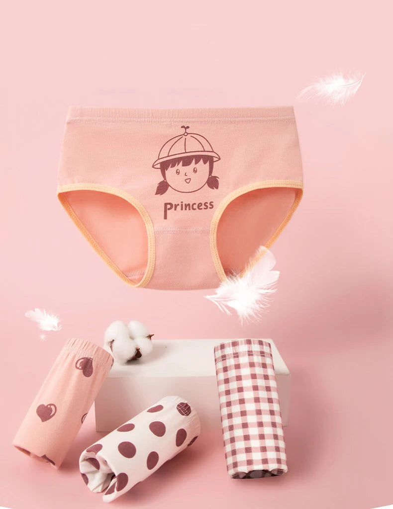 4Pcs Girls Cotton Panties Kid Breathable Soft Pretty Cartoon Briefs Young Children Underwears Toddler Antibacterial Knickers