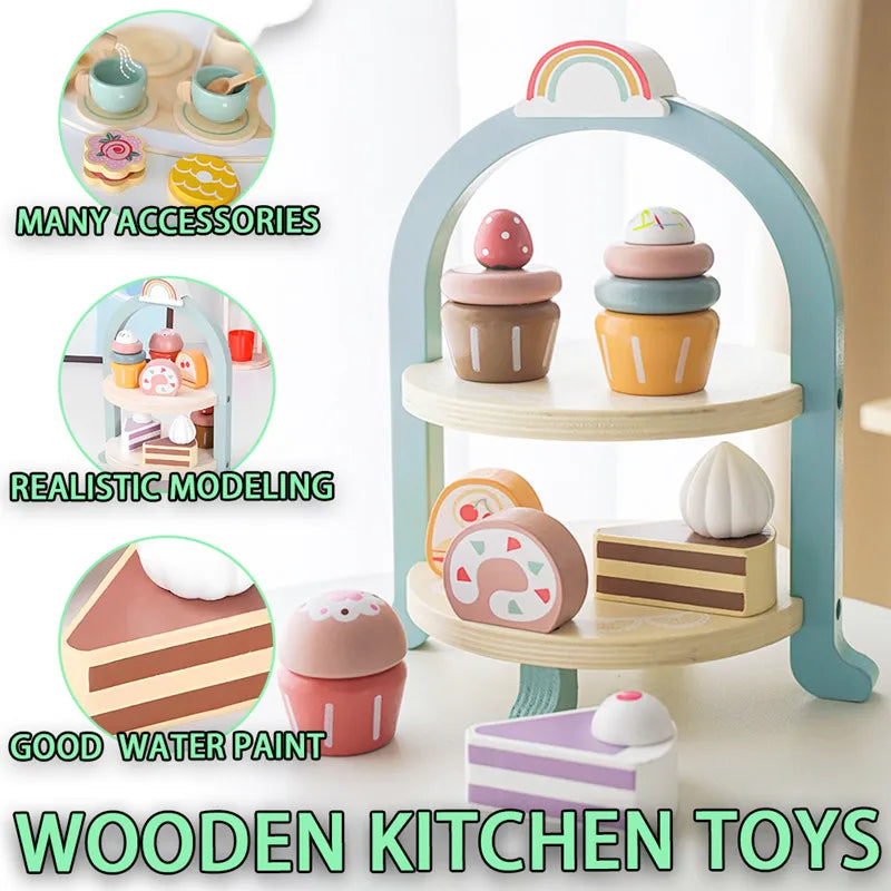 Wooden Pretend Play Kitchen Toys Coffee Machine Mixer Ice Cream Cake Toy Kids Play Food Teapot Cup Tea Set for Boys Girls Gifts