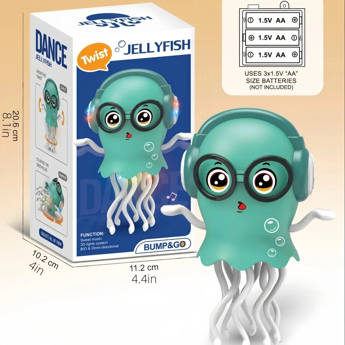 An electrically-powered crawling dancing jellyfish toy, an octopus with automatic obstacle sensor, intelligent LED lights and mu