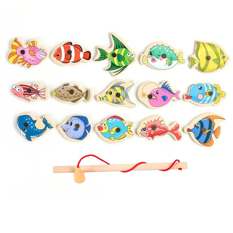 Magnetic Fishing Toys Game Set for Kids Montessori Wooden Cartoon Fishing Rod Educational Toys Birthday Party Toddle Gifts