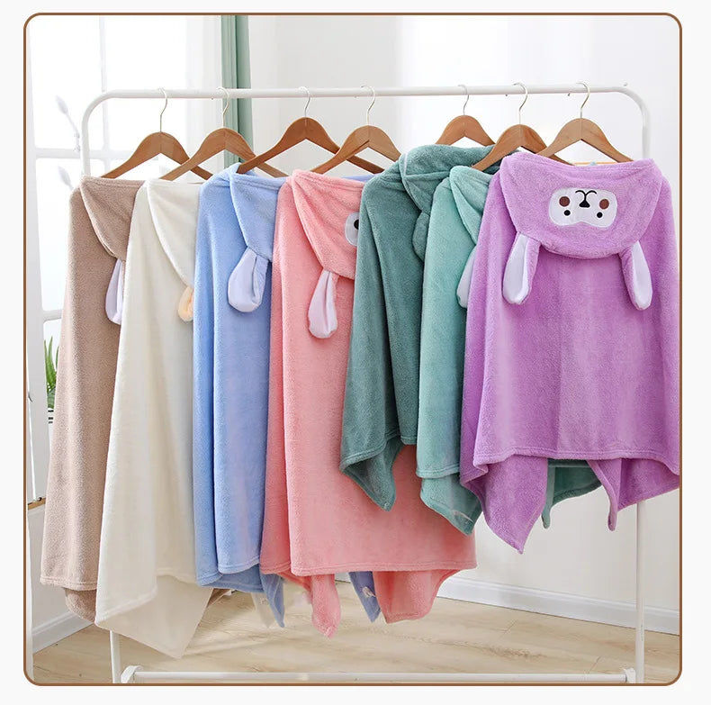 Cartoon Animal Hooded Bath Towel for Kids Coral Fleece Super Absorbent Non Shedding Bathrobe Cape for Toddler Baby