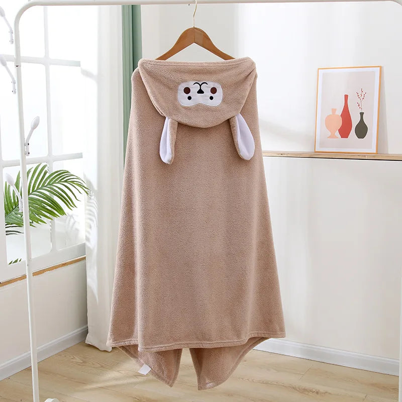 Cartoon Animal Hooded Bath Towel for Kids Coral Fleece Super Absorbent Non Shedding Bathrobe Cape for Toddler Baby