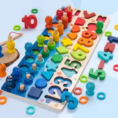 Montessori Toys Wooden Number Puzzle Sorting For Toddlers Shape Sorter Counting Fishing Game Educational Math Stacking Block