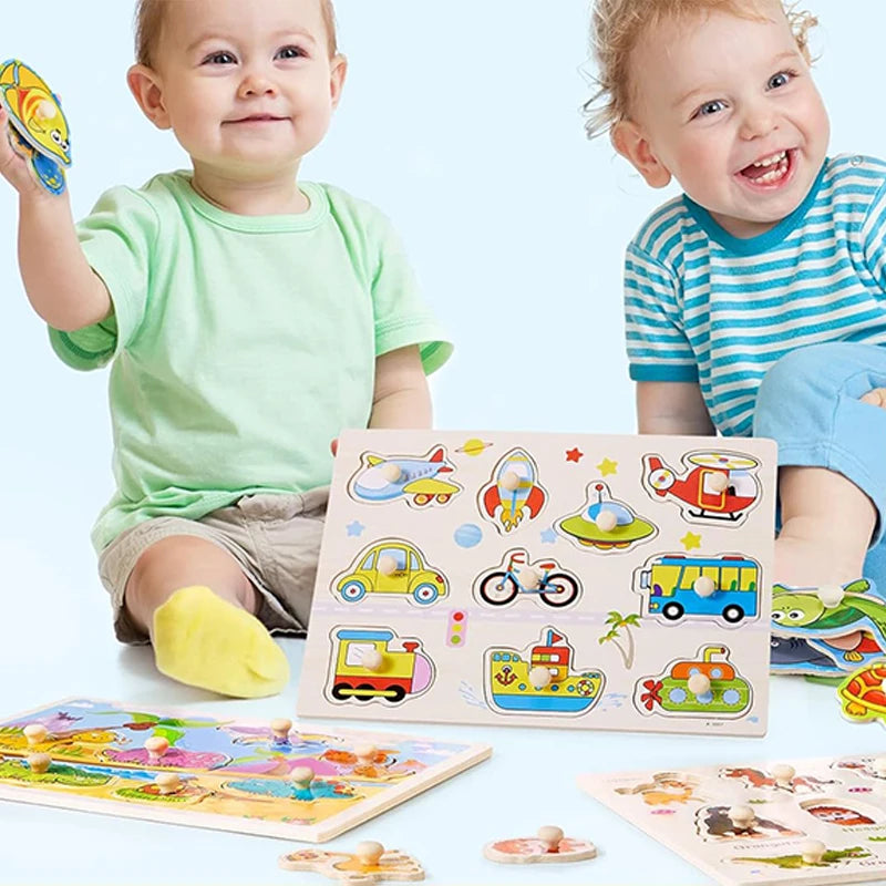 ﻿Montessori Wooden Hand Grab Boards Baby Educational Cartoon Vehicle Animals Fruits 3D Puzzles Kids Early Education Toys TMZ﻿