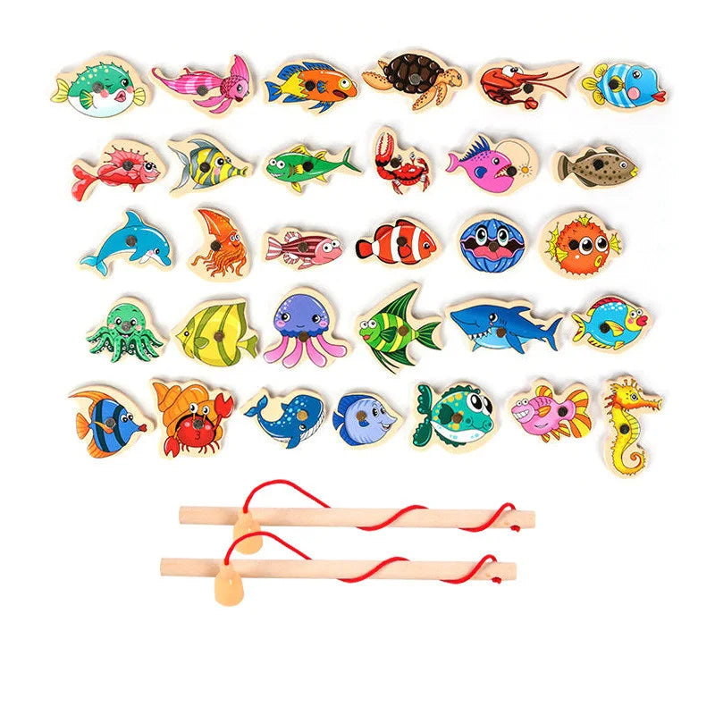 Magnetic Fishing Toys Game Set for Kids Montessori Wooden Cartoon Fishing Rod Educational Toys Birthday Party Toddle Gifts