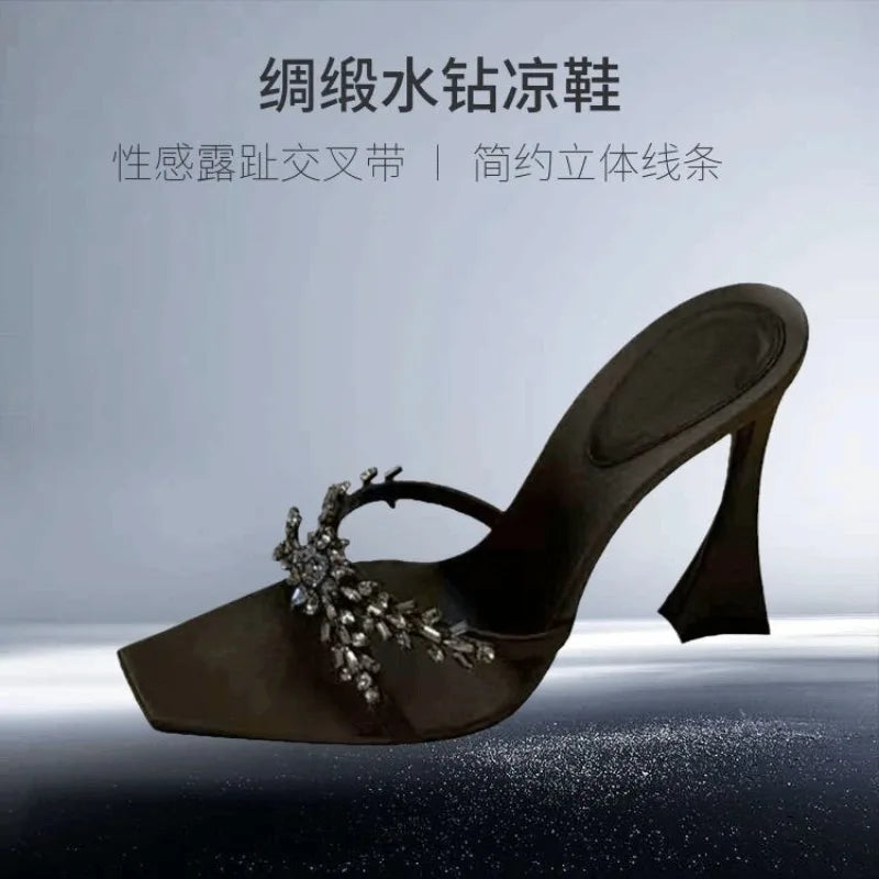 2025 Summer Women's High Heel Sandals Cross Rhinestone Square Head Open Toe Sandals Silk Sexy Stiletto High Heels Mules