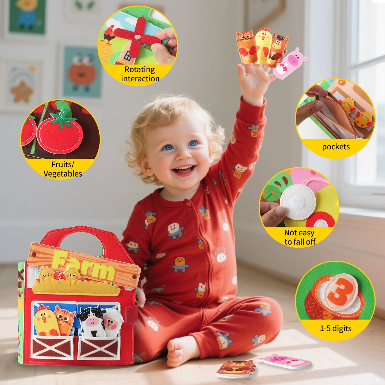 Busy Board 1 Year Old - Farm Animals Quiet Busy Book for Toddlers Aged 1-3-Montessori Toys for Boys and Girls, Learning Activiy