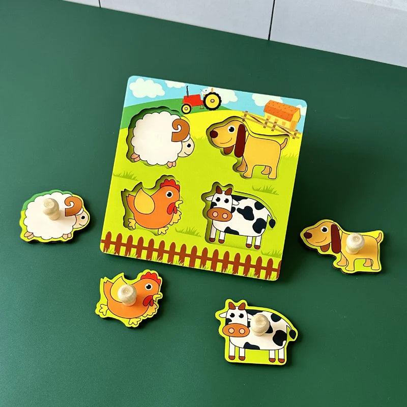 Baby Toys Montessori Wooden Puzzles Hand Grab Boards Toys Kids Early Learning Educational Cartoon Animal Fruit Vehicle Cognitive