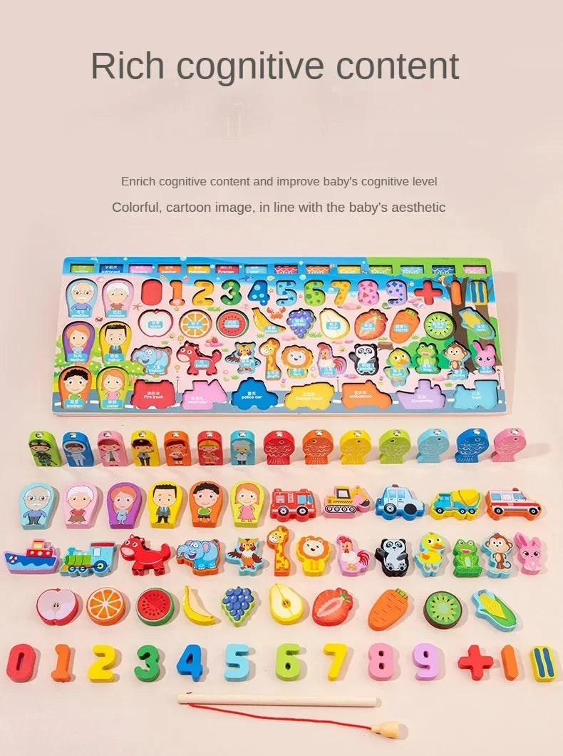 Montessori Toys Wooden Number Puzzle Sorting For Toddlers Shape Sorter Counting Fishing Game Educational Math Stacking Block