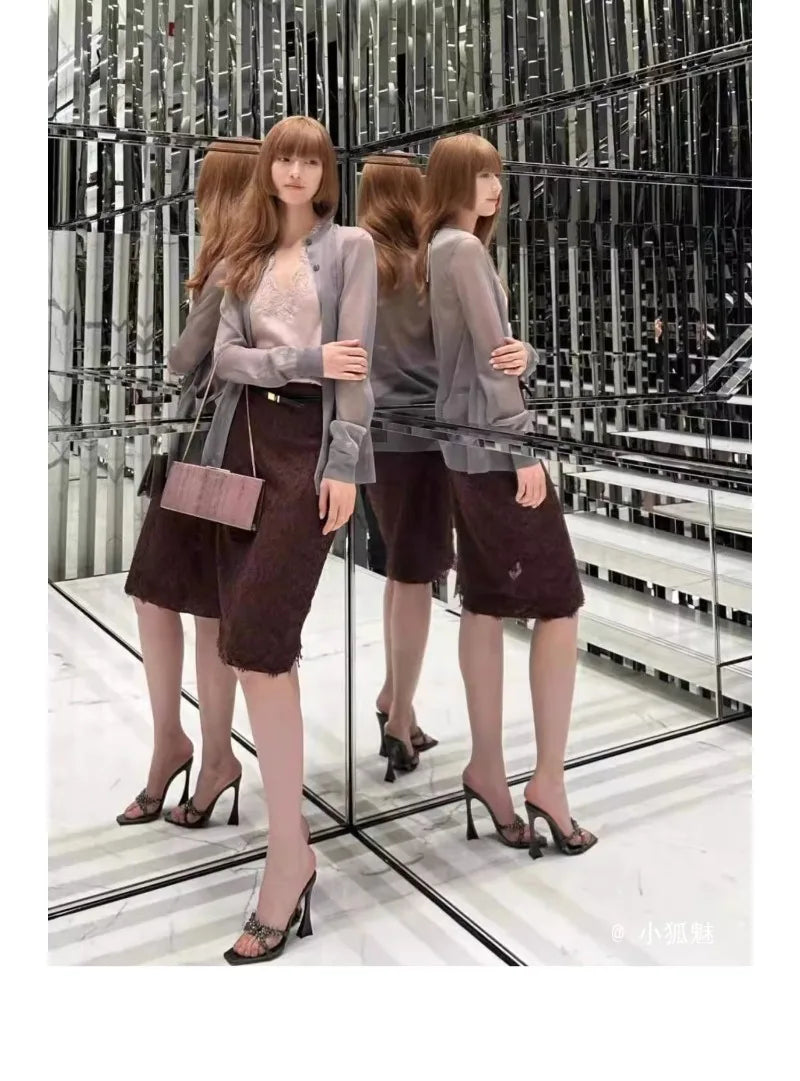 2025 Summer Women's High Heel Sandals Cross Rhinestone Square Head Open Toe Sandals Silk Sexy Stiletto High Heels Mules