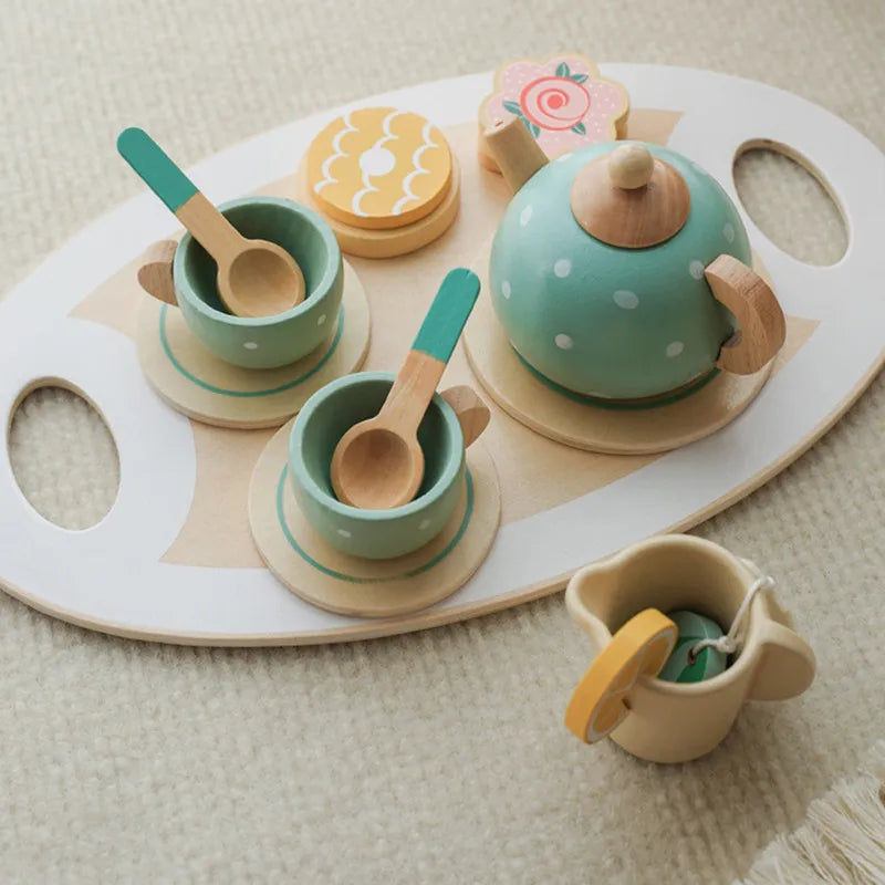 Wooden Pretend Play Kitchen Toys Coffee Machine Mixer Ice Cream Cake Toy Kids Play Food Teapot Cup Tea Set for Boys Girls Gifts