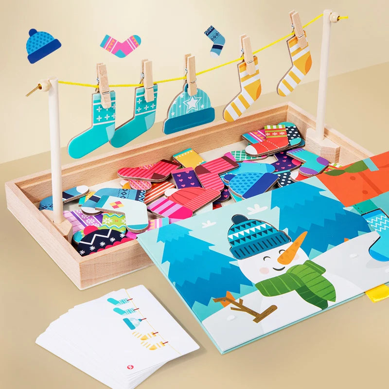 Wooden Fun Sock Drying Puzzle Montessori Toys Bear Change Clothes Jigsaw Puzzle Box Educational Matching Sorting Toys Gifts