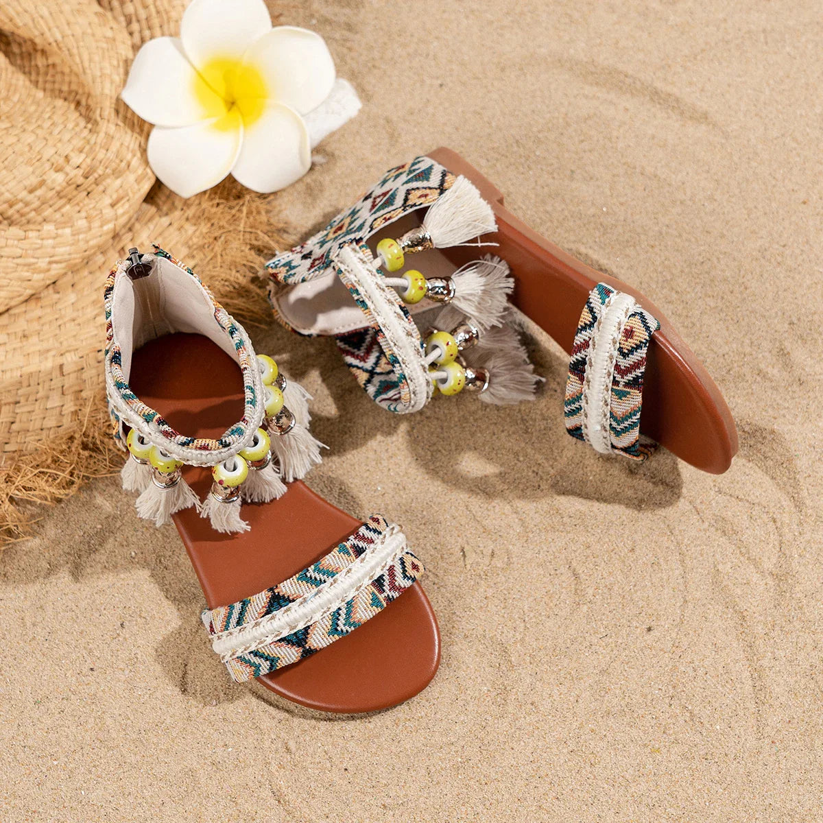 Toddler Beach Sandals - Bohemian Tassel Beaded Girls Summer Shoes Soft Sole for Vacation & Play