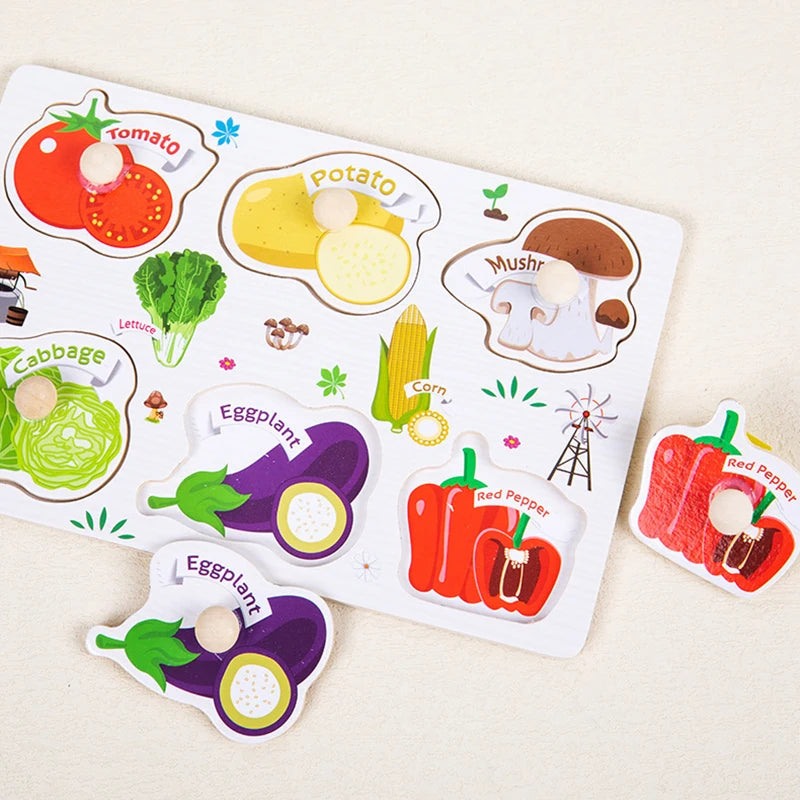 ﻿Montessori Wooden Hand Grab Boards Baby Educational Cartoon Vehicle Animals Fruits 3D Puzzles Kids Early Education Toys TMZ﻿