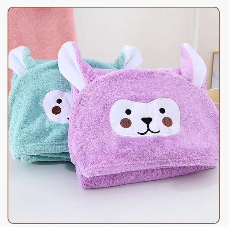 Cartoon Animal Hooded Bath Towel for Kids Coral Fleece Super Absorbent Non Shedding Bathrobe Cape for Toddler Baby