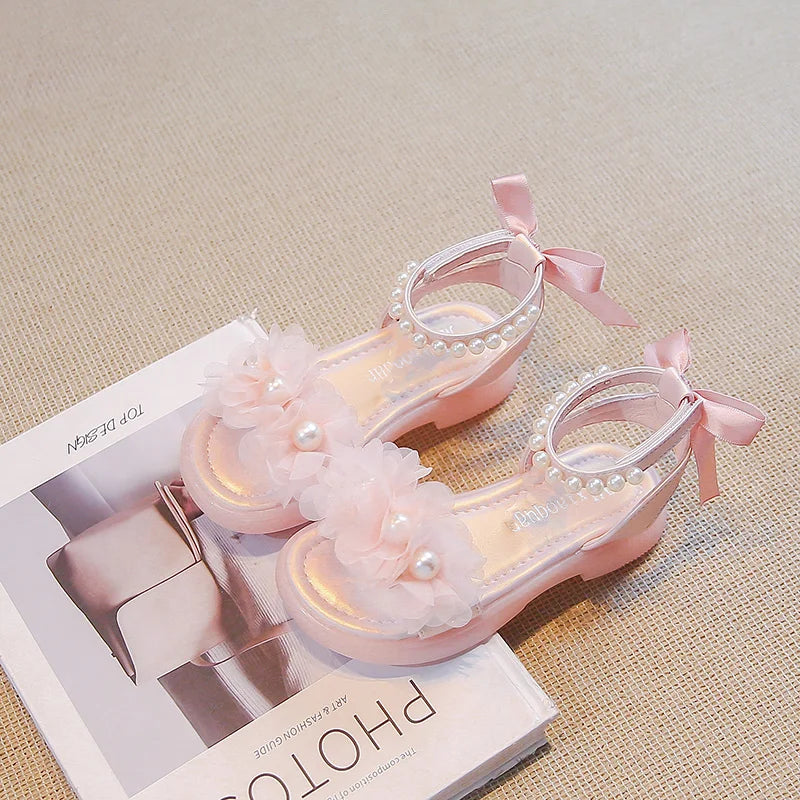 Girls Gladiator Sandals Lace Floral with Pearls Beading Bow-knot on The Back Fashion Princess 2024 Summer New Kids Beach Sandals