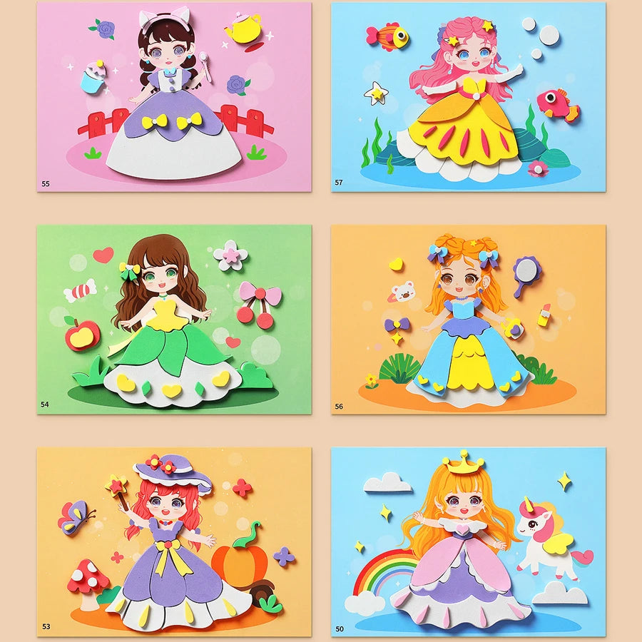 6pcs/set 3D EVA Foam Sticker DIY Cartoon Princess Animal Puzzle for Children Kids Multi-patterns Styles Toys for Children Gift